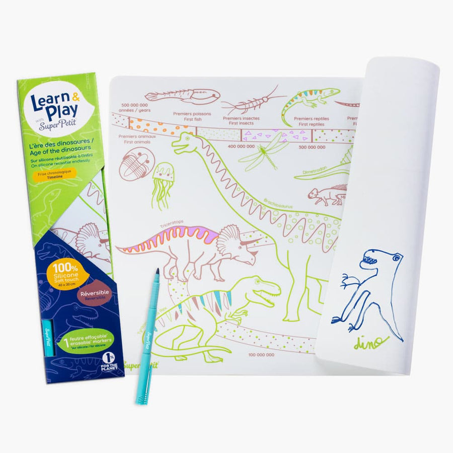 SUPER PETIT Set éducatif à colorier en silicone - L'ère des dinosaures - Bilingue FR/EN