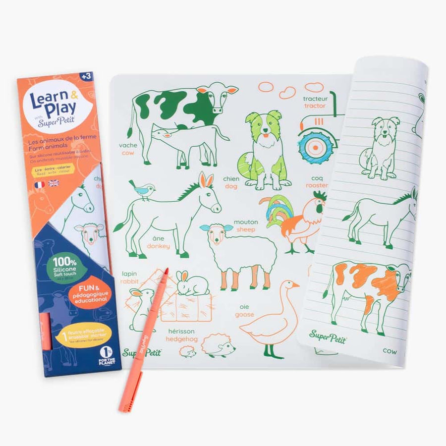 SUPER PETIT Set éducatif à colorier en silicone - Les animaux de la ferme - Bilingue FR/EN