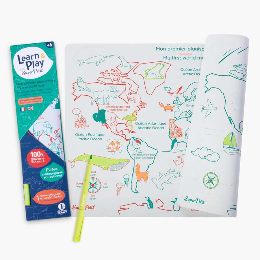 SUPER PETIT Set éducatif à colorier en silicone - Mon premier planisphère - Bilingue FR/EN